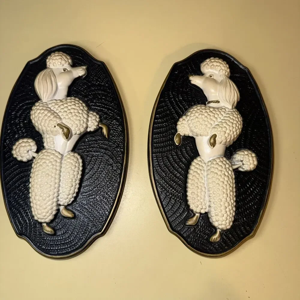 Vintage 1969 Miller Studios Standing French White Poodle Dog Plaque Pair Great!